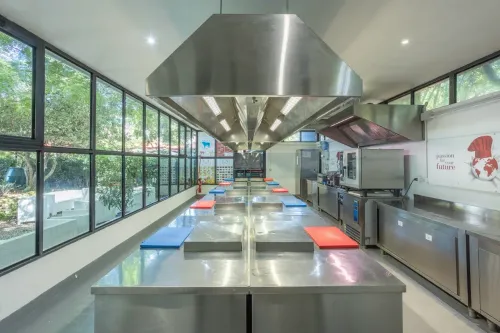 Stainless-Steel Kitchen With Large Windows for Culinary Events