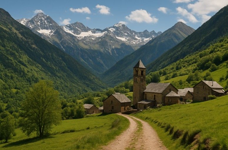 Mountain village in a green valley with snowy peaks. (Generated via Chat-GPT).jpg