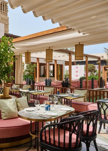 Open-Air Marble Terrace Overlooking Lagoon for Alfresco Dining. Beefbar. Lagoon Terrace