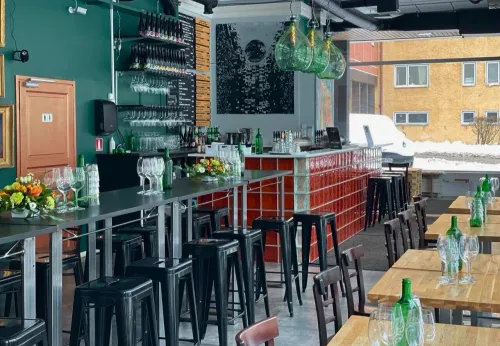 Glass-Brick Bar With Green Pendant Lights for After-Works