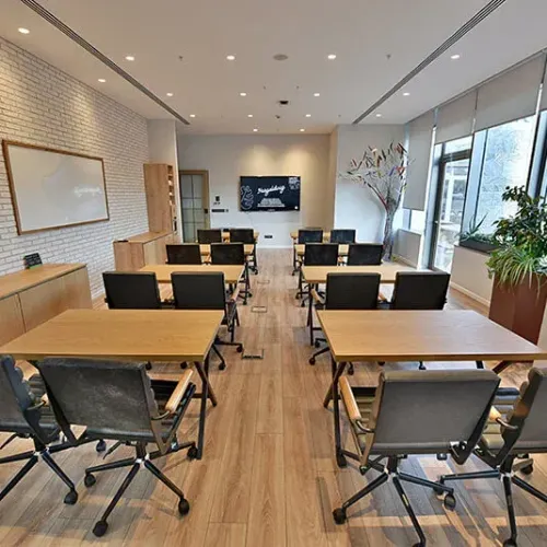Wood-Furnished Meeting Room for Team Sessions