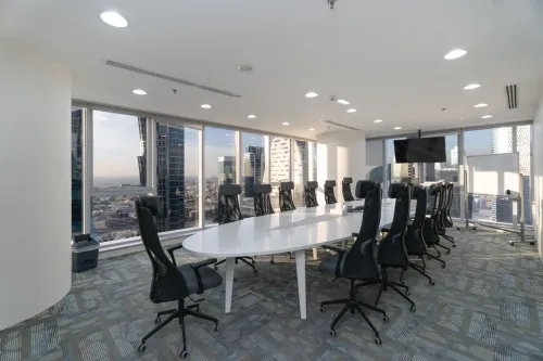 Skyline Boardroom With Floor-To-Ceiling Windows for C-Suite Meetings. Black Swan Business Center. 25th Floor Meeting Room