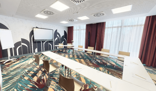 Bright Conference Space With Bold Carpets and Creative Wall Art for Engaging Seminars