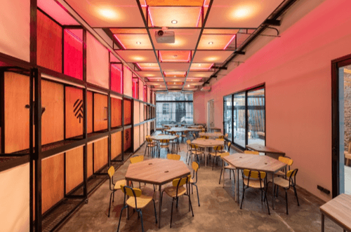 Futuristic Workshop Hall With Neon Highlights for Visionary Hackathons