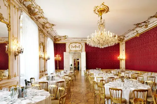 Rococo Hall With Red Damask and Grand Chandelier for Sophisticated Events