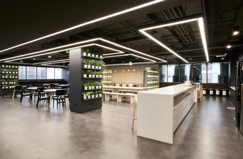 Sleek Urban Workspace With Green Accents for Tech Meetups