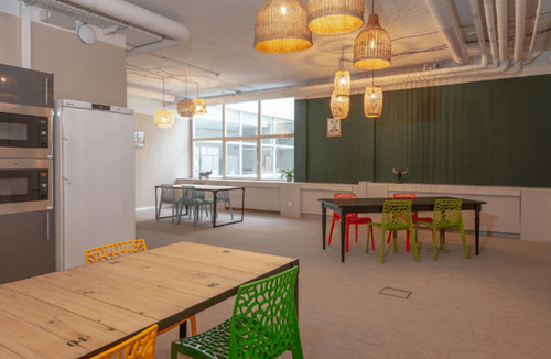 Modern Lunch Room With Woven Pendant Lights for Small Dinners