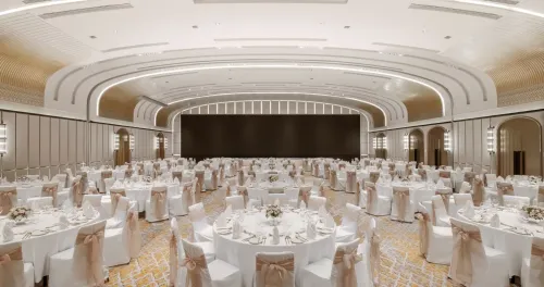Grand Riverside Ballroom With Vaulted Ceilings and Designer Foyer for Galas and Global Conferences