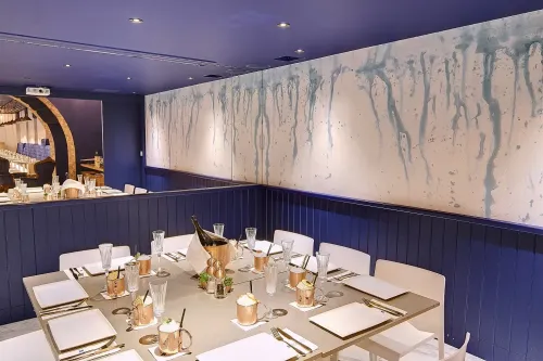 Chic Navy Private Dining Room With Luxe Details for Intimate Client Evenings
