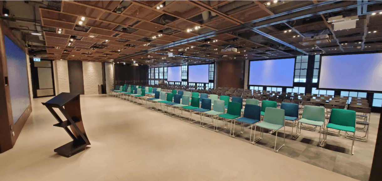 High-tech blue-themed venue with avant-garde décor.png