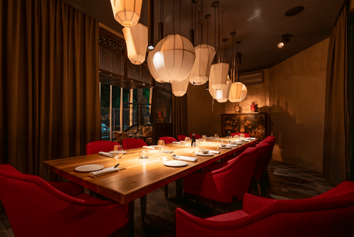 Refined Private Dining Room With Dramatic Lighting and Contemporary Asian Flair for High-Level Intimate Dinners