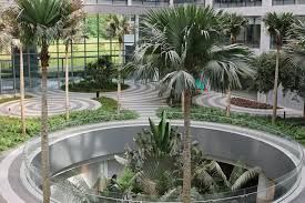 Expansive Open-Air Atrium With Lush Palm Garden for Social Gatherings and Luncheons
