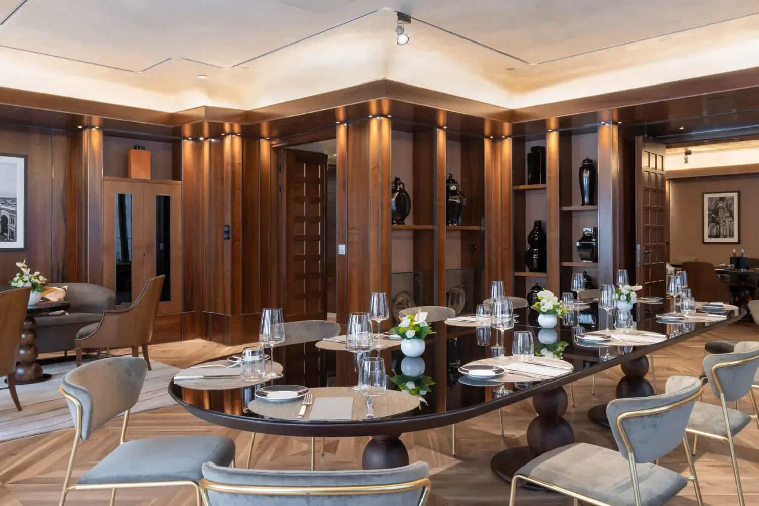 Rent a party venue in an elegant dining salon with walnut interiors.webp
