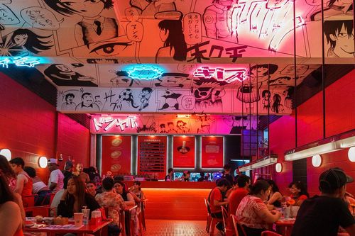Neon Wonderland With Striking Manga-Style Ceiling Artwork