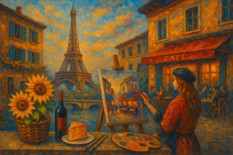 A woman painting near a Paris café with an Eiffel Tower view. (Generated via Chat-GPT).jpg