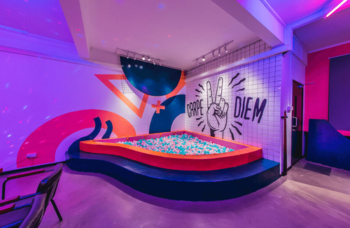 Vibrant Venue with Glasshouse Cafe and Interactive Art