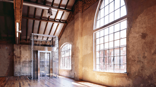 Mid-Century Industrial Hall With Vaulted Ceiling for Grand Conferences